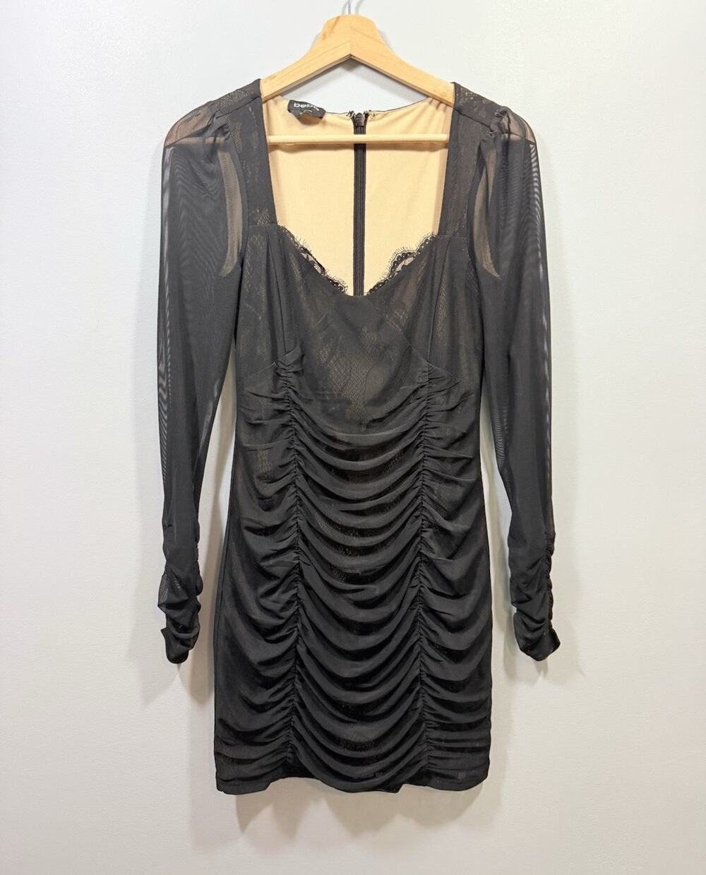 Y2K bebe Black Sheer Ruched Lace Mesh Long Sleeve Bodycon Mini Dress size S